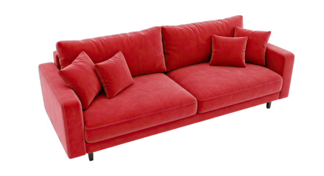 Vibrant Red Velvet Sofa with Plush Cushions and Decorative Stitching on a Transparent Background Detailed Modern Furniture Design for Interior Decor