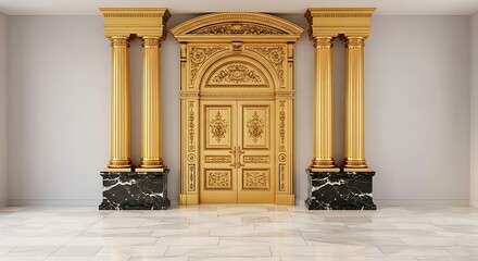 Naklejka premium Empty square room with Decorative golden door with solid columns and marble