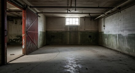 Empty square room with Large metal barn door left open in the basement level of an abandoned factory.