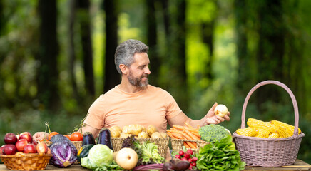 Farmer holding a basket full of green vegetables. Mature man harvesting corn and carrots during summer growth. Fresh produce for local market. Farmer preparing natural and organic vegetables for sale.