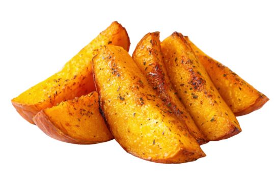 Roasted pumpkin wedges seasoned with herbs and spices on black background squash food, Png, Isolated on Transparent Background, Cut Out