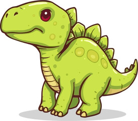 A charming cartoon illustration depicts a friendly green dinosaur with big eyes, evoking a sense of joy and playful adventure for children.