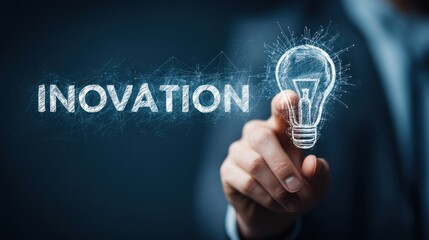 Fototapeta premium A man in a suit pointing to a light bulb with the word 'INOVATION' in front of it, against a dark background.
