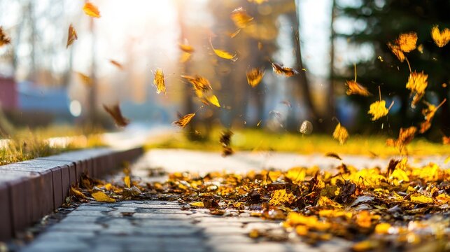 breeze. Autumn wind blowing a pile of golden leaves along a park path with motion blur. representing seasonal cycles and harvest abundance. - Powered by Adobe