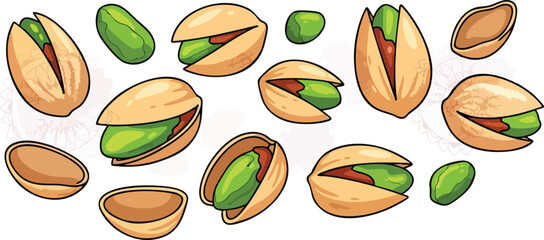 Pixel Art Pistachios Scattered And Open Showing Green Kernels With Brown Shells