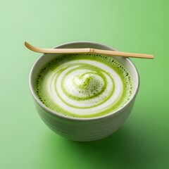 A close-up of a bowl of vibrant green matcha latte with a wooden spoon on a pastel green background, showcasing a smooth swirl pattern on the surface