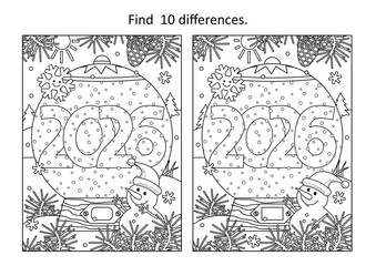 Year 2026 snow globe difference game and coloring page with cute little snowman, cheerful snowflake and outdoor winter scene. Sign, poster, print.
