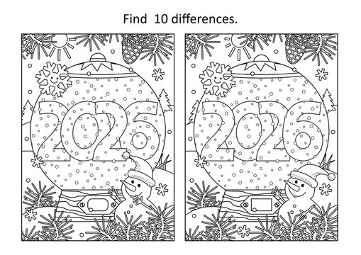 Year 2026 snow globe difference game and coloring page with cute little snowman, cheerful snowflake and outdoor winter scene. Sign, poster, print.
