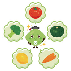 様々なビタミンを多く含む食品とビタミンのキャラクターイラストセット／Character Illustration Set Featuring Vitamin - Rich Foods and Vitamin Molecules
