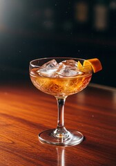 Classic Cocktail with Orange Peel on Wood Surface - Elegant cocktail served in a vintage- glass with ice, adorned with an orange twist.