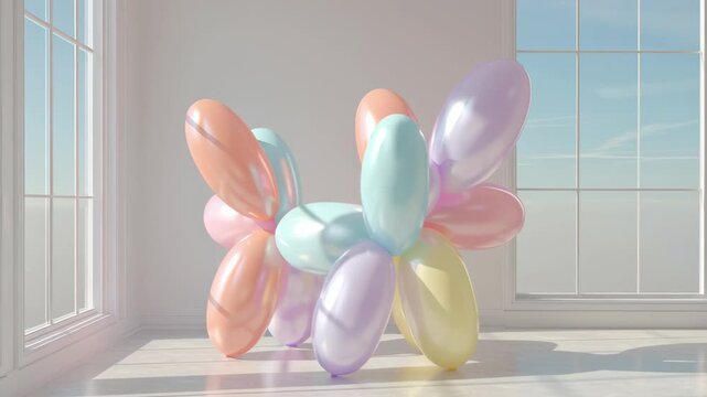 pastel balloon dog floating in white minimal room, bright daylight, surreal playful vibe