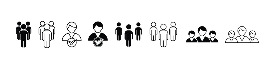 Icon set of people, humans, and individuals. Contains participants, groups, teams, organizations, communities, audiences, and members. Vector illustration.