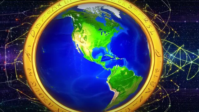 Earth Globe with Golden Frame and Technological Background, Abstract Design Presentation with