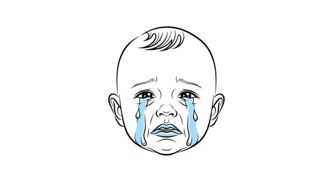 A detailed illustration of a baby's face showing distress and sadness with tears streaming down its cheeks.