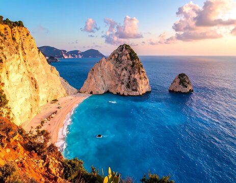 A scenic coastal view with turquoise water. A small sandy beach sits between cliffs and rock formations, under a pastel sky