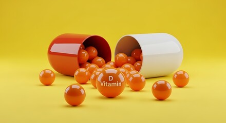 Vitamin d capsule with orange spheres isolated on yellow background, health concept