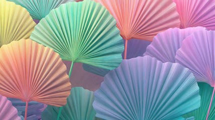 A vibrant, abstract digital artwork featuring a colorful, abstract pattern of palm leaves in pastel colors, with a gradient effect from yellow to purple, set against a neutral background.