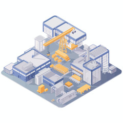 Obraz premium Isometric factory complex with buildings and crane infrastructure for industrial manufacturing and production showcasing engineering and logistics