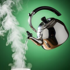 A shiny stainless steel kettle pouring hot water with steam rising against a vibrant green background