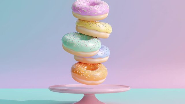 stack of colorful donuts levitating above pastel table, surreal cute minimal style 