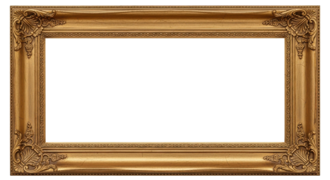 Ornate decorative golden frame for artwork or photograph isolated on Transparent Background