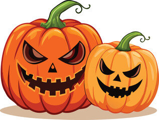 Two carved halloween pumpkins with frightening faces are presented against a white background