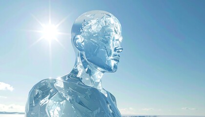 A translucent, human-shaped form made of ice stands against a bright, sunny sky. The sculpture reflects light, capturing the blue