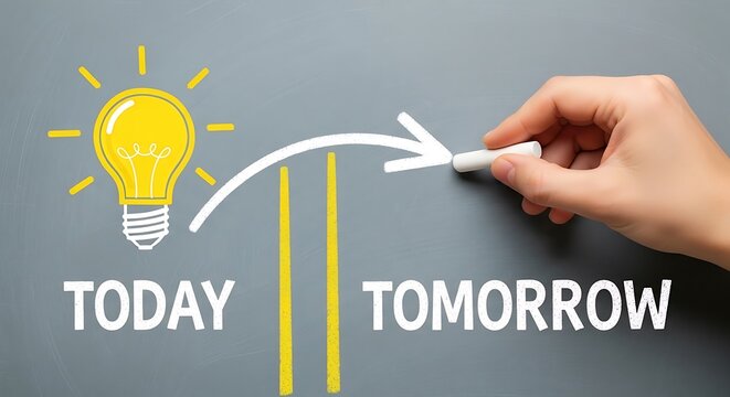 Hand drawing light bulb and arrow from today to tomorrow on gray surface