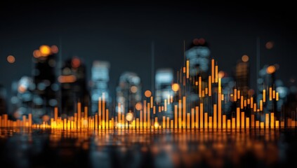 Urban Night Cityscape with Abstract Financial Chart and Orange Histogram Bars