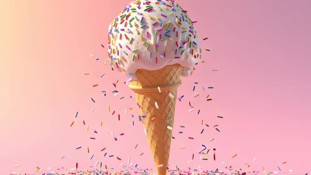 floating ice cream cone with sprinkles raining down, pastel minimal surreal