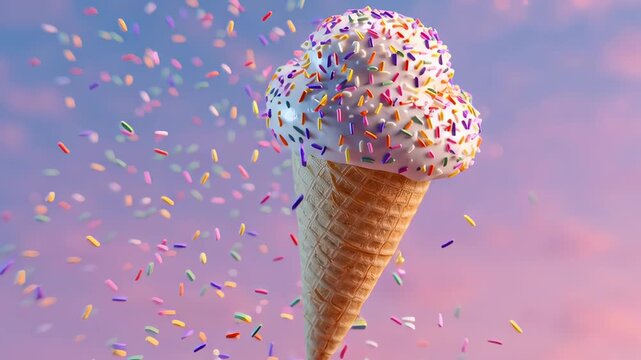 floating ice cream cone with sprinkles raining down, pastel minimal surreal