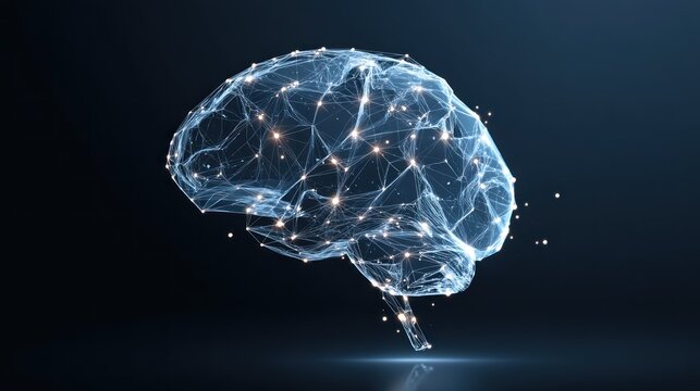 A futuristic, digital brain with a glowing, interconnected network of nodes and lines against a dark background.
