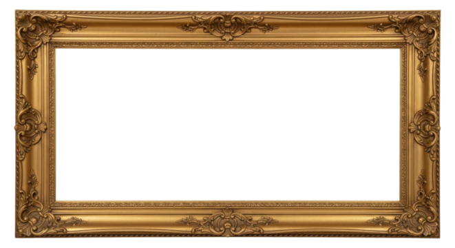 Ornate gold picture frame with empty space isolated on Transparent Background
