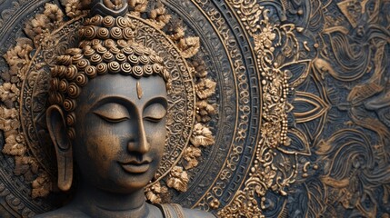 ancient buddha statue, a weathered stone Buddha statue covered in moss and ivy, surrounded by lush greenery in a forest setting.