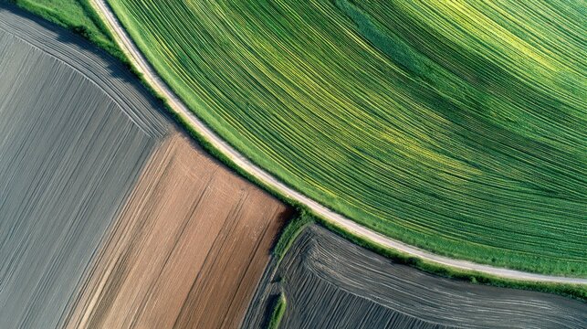 Aerial view of a winding dirt road cutting through a vibrant green and yellow field, with a brown patch of land in the foreground and a gray field in the background. 