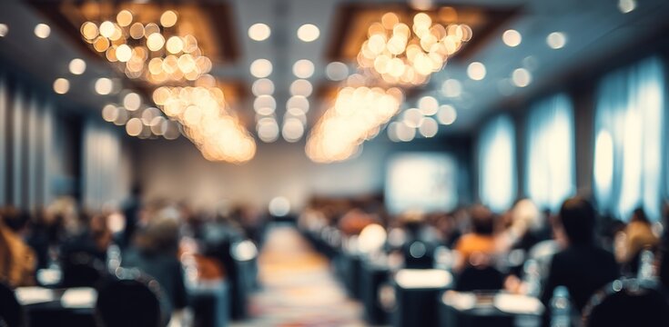 Abstract defocused photo of conference room or seminar room with attendee background, Business concept. High quality