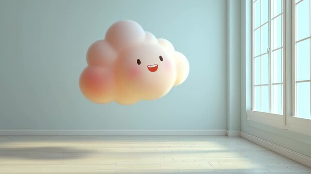 cartoonish pastel cloud with smiling face floating in clean empty room