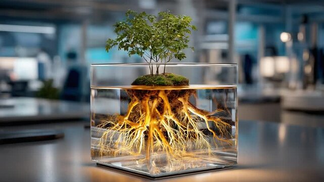 Roots and Life: The image shows a small tree thriving in a glass container with visible roots and water, emphasizing growth, life, and the beauty of nature's design. 