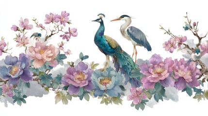 Fototapeta premium Two peacocks and a heron perched on a branch with pink and purple flowers, set against a white background with soft shadows and highlights, creating a serene and natural ambiance.