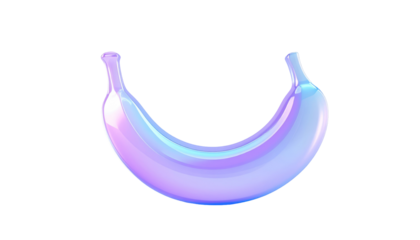 Shiny, semi-transparent, purple-blue banana, digitally rendered on a stark black background, with a slight glowing effect