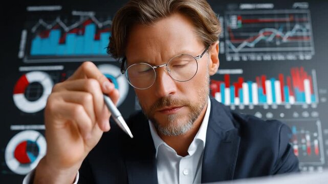 Focused Analysis: An executive, engrossed in critical data, examines financial analytics with focused concentration, analyzing the trends and insights required to make informed decisions.