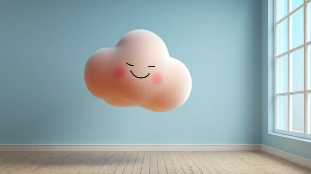 cartoonish pastel cloud with smiling face floating in clean empty room