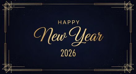 Elegant New Year 2026 Card Design - A festive Happy New Year card for 2026 featuring golden text and an art deco border on a dark background, symbolizing celebration, luxury, elegance, and new