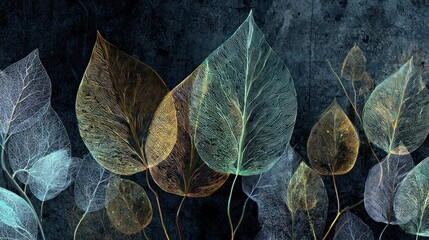 A dark, textured background with a pattern of green and gold leaves, creating a sense of depth and dimension. 