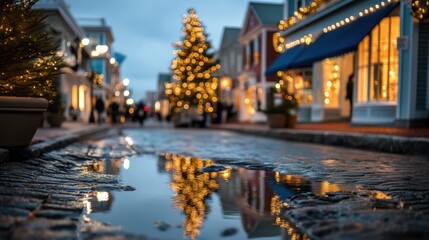 Christmas street scene at twilight with festive decorations and reflections, cozy urban setting for holiday marketing campaigns, seasonal branding background, winter travel content

