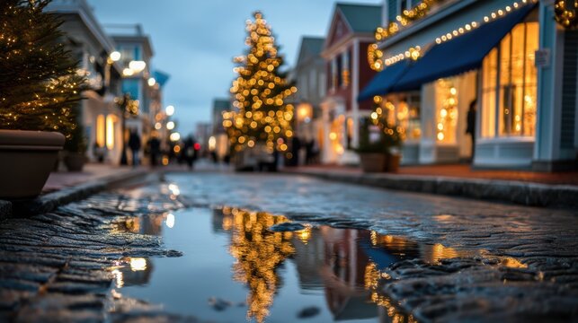 Christmas street scene at twilight with festive decorations and reflections, cozy urban setting for holiday marketing campaigns, seasonal branding background, winter travel content

