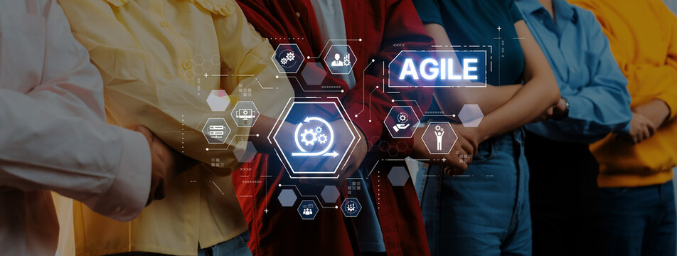 A group of diverse professionals stands together, symbolizing collaboration and innovation in agile methodology, with digital interface symbols highlighting key concepts of teamwork and success. Trope - Powered by Adobe