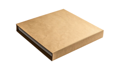 A slightly angled, light brown, square cardboard box with a stack of papers partially showing from the side