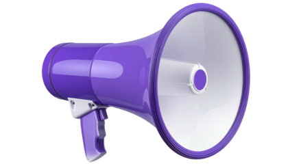 A purple megaphone, angled with a white interior, sits against a black backdrop, casting gentle shadows