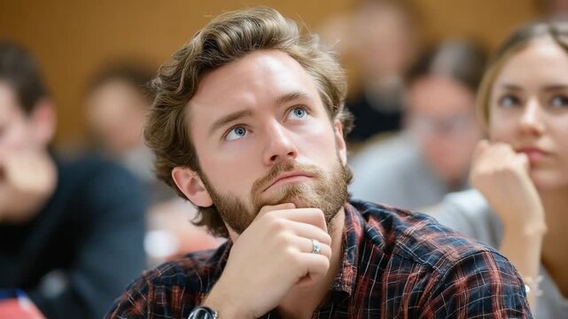A Moment of Thought: A young student, deep in thought, gazes upward in a university lecture, surrounded by other students engrossed in the lesson.